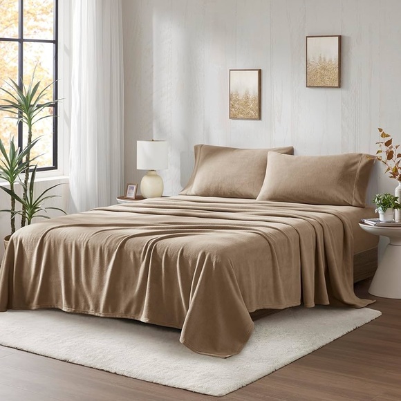 True North by Sleep Philosophy Micro Fleece Sheet Set, 16” Deep King, Brown,4 pc
